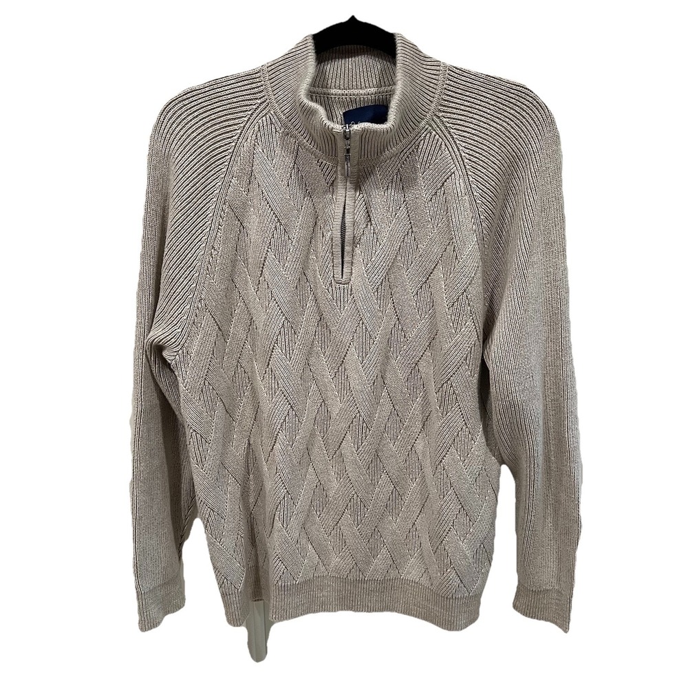 Tommy Bahama Men's 1/4 Zip Pullover Sweater Size Large Beige Fisherman Cableknit